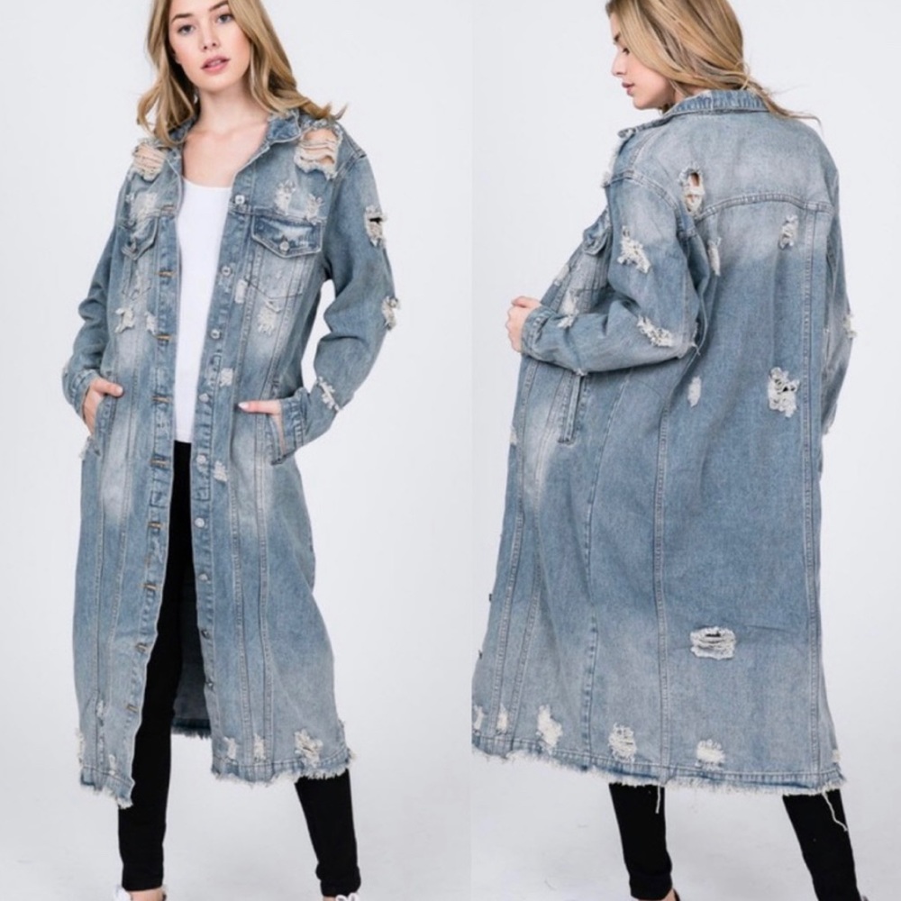 Distressed Denim Long Jacket Light Blue